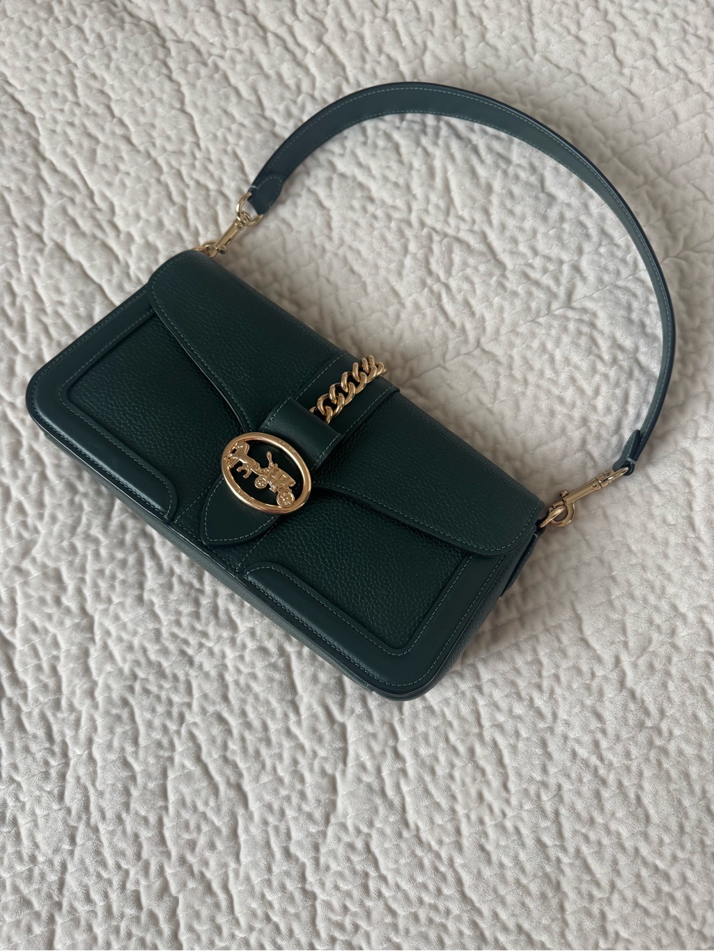 Coach Dark Green Leather Shoulder Bag With Gold Hardware